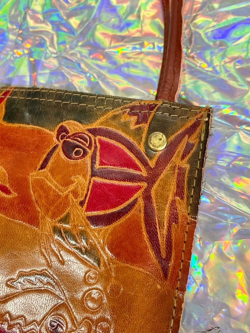 Vintage 1992 Embossed Leather Mini Bag Abstract Art Faces Fish Design Folk Art